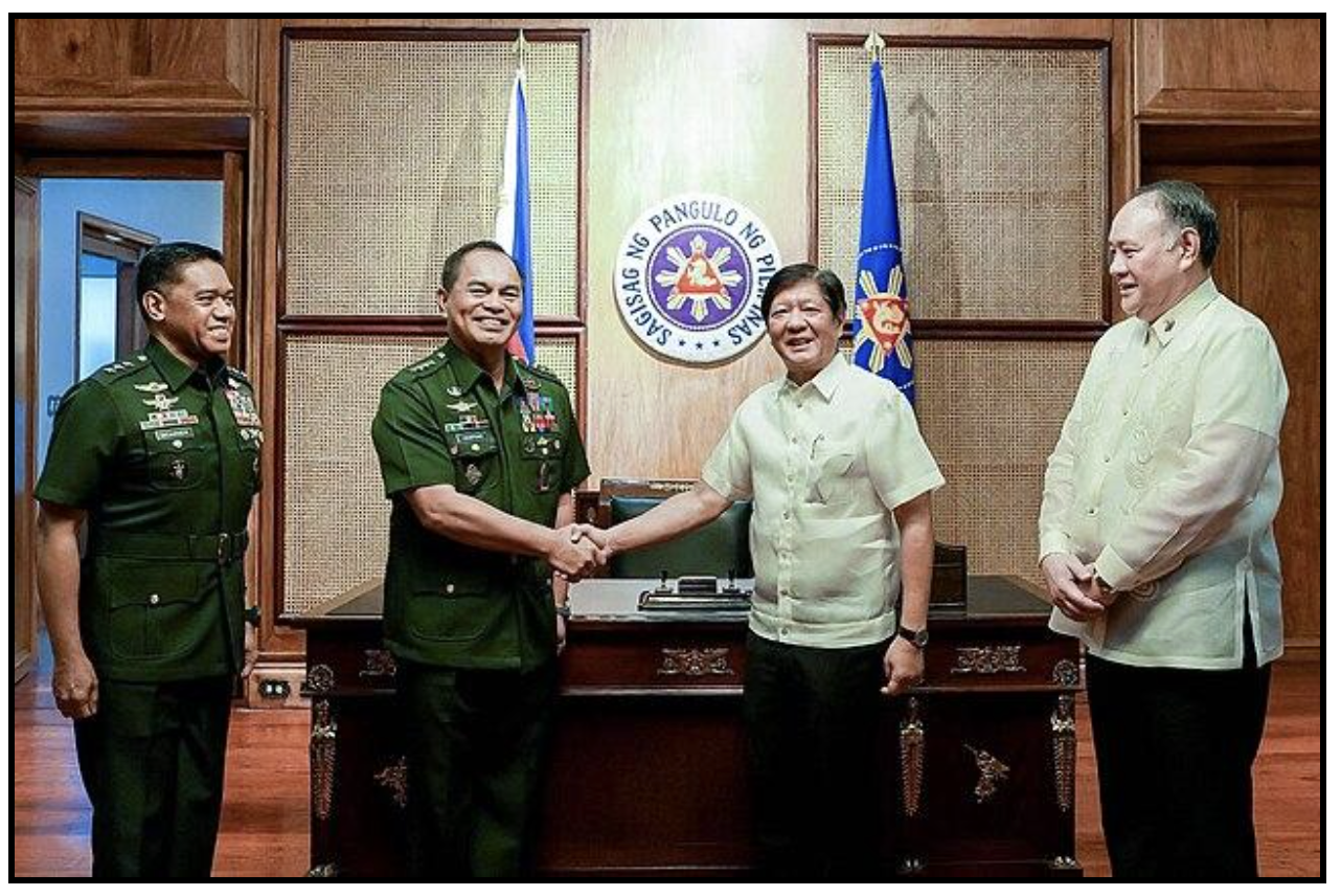 Lieutenant General Romeo Brawner (left) and President Ferdinand Marcos Jr. (right) shake hands to commemorate Brawner’s appointment as next Chief of Staff of the Armed Forces of the Philippines in 2023